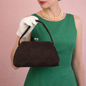 Vintage 1960s Brown Diamond Pattern Frame Handbag Purse